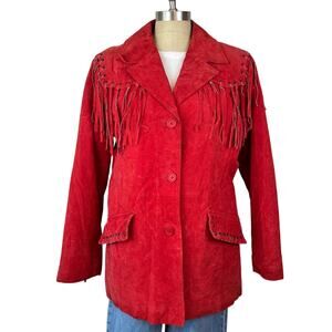 Vintage Excelled Collection Red Leather Western Fringe Button Down Jacket (Sz L)